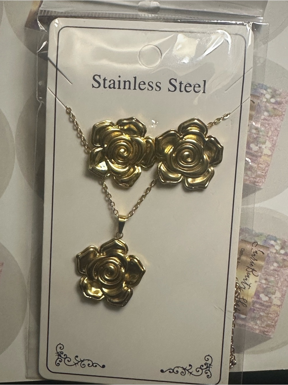 Gold Rose Stainless Steel Necklace and Pendant Set